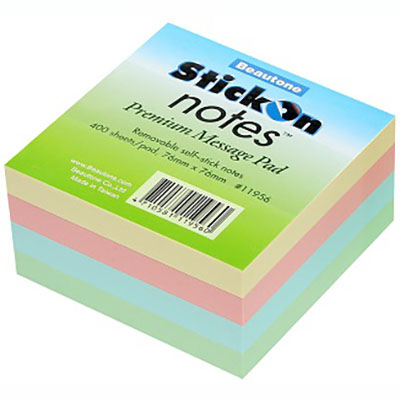 Stick-On-Notes 76x76mm Pastel 4 Cols 400 Sheet Pack